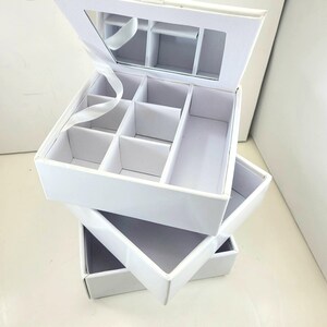 3 STACKABLE CUBES JEWELRY Box (each 6"Sq x 2"H) Shiny White Outside Fabric Inside Mirror Top Lift Lid Vintage c2000 Travel Men's Teen gift
