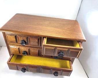 VINTAGE JEWELRY MUSIC Box c1970's Plays "Somewhere My Love" 10"w x 5"d x 7.5"h mid-century style 4 drawers yellow velvet anniversary gift