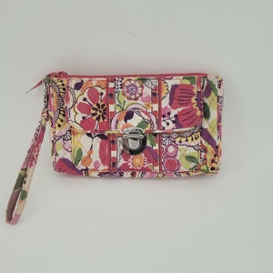 VERA BRADLEY WRISTLET I.D. Wallet Purse Bag 8&quot;w x 5&quot;h x 1.5&quot;d &quot;Clementine&quot; Retired Pattern pink purple credit cards  zippered gift