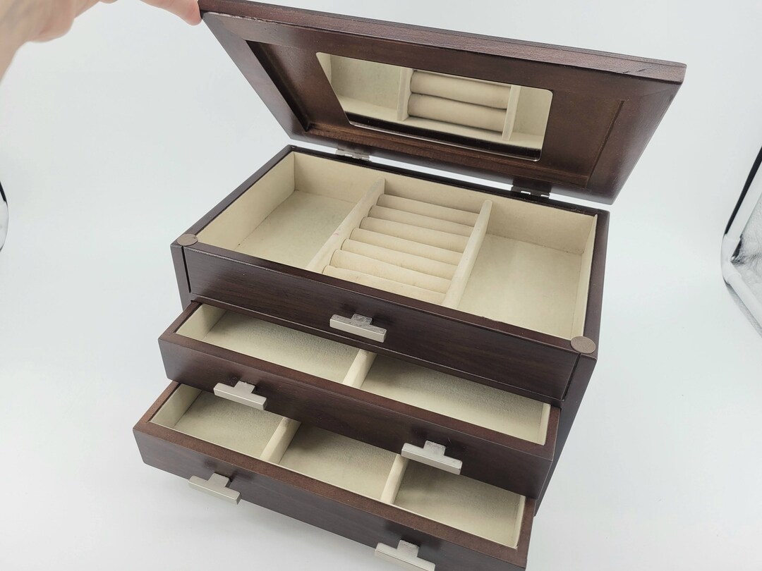 VINTAGE 3 TIER JEWELRY Box 11w X 7d X 7h Kohl's Mirror 2 Drawer Cream