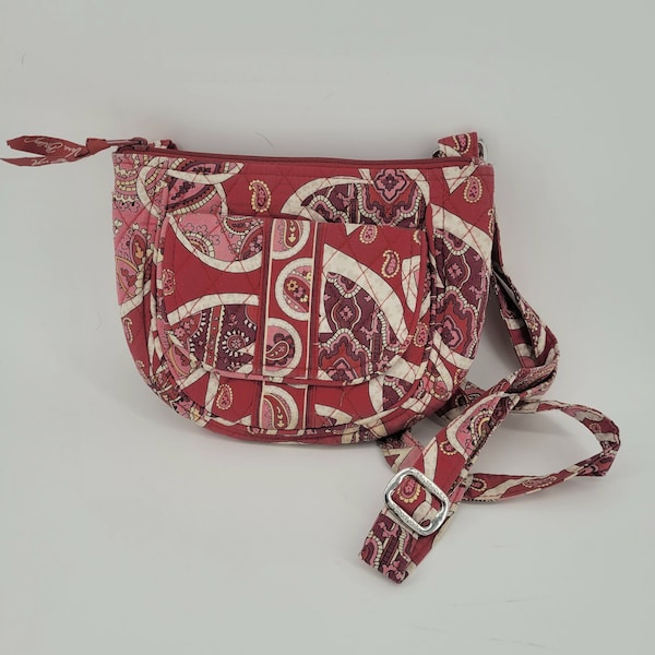 VERA BRADLEY CROSSBODY I.D. Wallet Purse "Rosy Posies" Retired Pattern 9"W X 7"H red pink paisley adjustable strap gift girl teen her