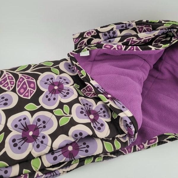 VERA BRADLEY BLANKET Throw Quilt 54" x 50" Plum Petals Retired Floral Pattern Purple Fleece Backing Quilted Cotton Gift