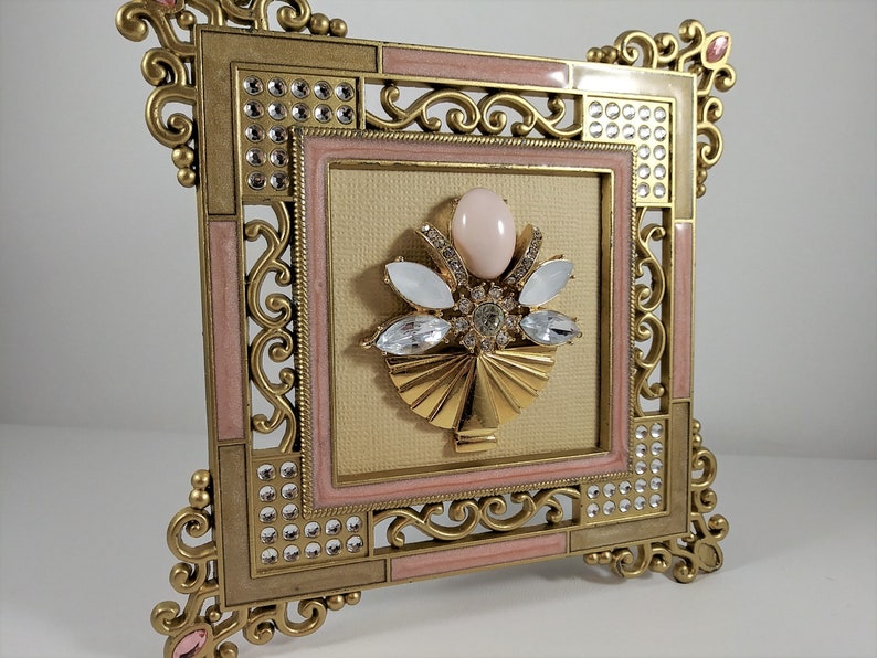 love friendship teacher anniversary gift OOAK rhinestone gold Framed Vintage Jewelry Artwork Picture flower angel Pink Art Deco Floral