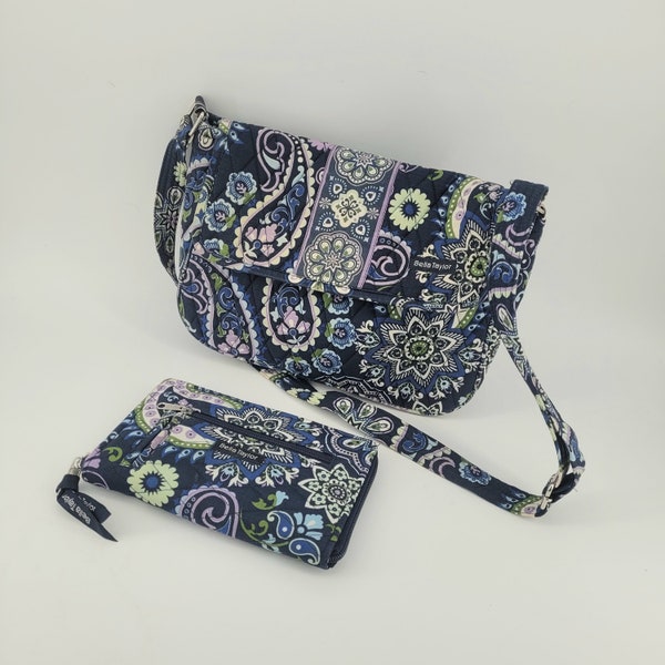 BELLA TAYLOR CROSSBODY Purse & Wallet Set 11"W x 9"H x 3.5"D Made in India "Vera Bradley Style" Blue Purple Paisley Adjustable Strap Gift