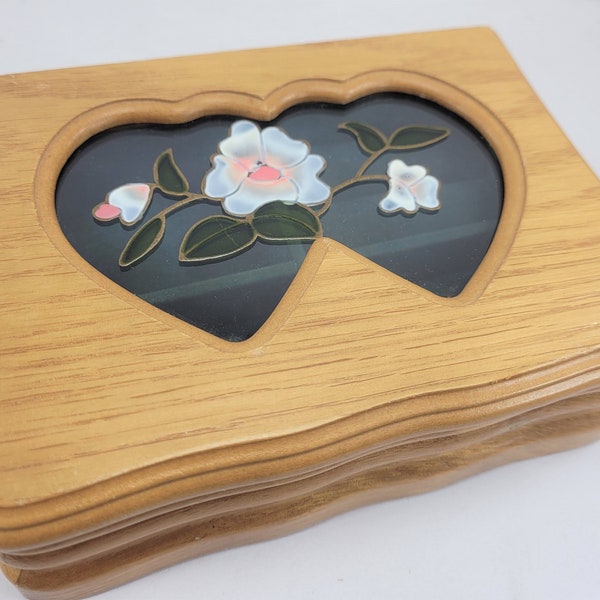 STAINED GLASS FLORAL Double Hearts Wooden Jewelry Box 6"W x 4.5"D pink white green velvet rings gift anniversary him her child teen love