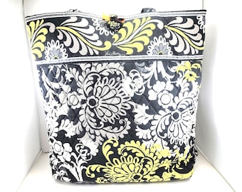 HUGE VERA BRADLEY Tote Bag Purse 17"w x 14"h x 6"d "Baroque" pattern black yellow 8 pockets keychain craft knitting diaper travel gift