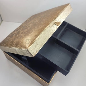 VINTAGE JEWELRY BOX c1990&#39;s 2 Tier Gold 7&quot;Sq. x 3.25&quot;H stamped floral design lift tray black satin mirror gift men&#39;s anniversary birthday