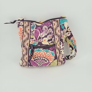 VERA BRADLEY CROSSBODY Purse Bag 11&quot;W x 11&quot;H x 2&quot;D &quot;Plum Crazy&quot; retired pattern purple green adjustable shoulder strap 6 pocket travel gift