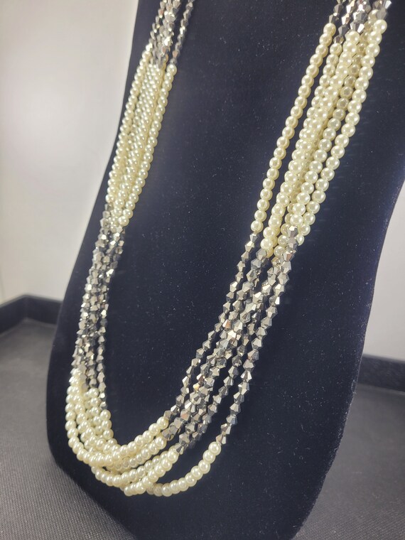 STUNNING 6 STRAND Vintage Pearl & Silver Tone Bea… - image 2