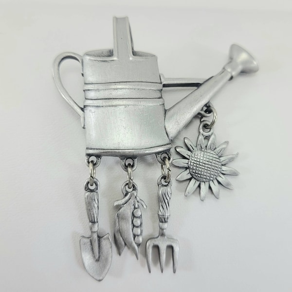 CUTE GARDENER BROOCH Pin Vintage J J Jonette Jewelry Silver Tone 2" x 2.5"H swinging watering can sunflower corn spade pitchfork gift