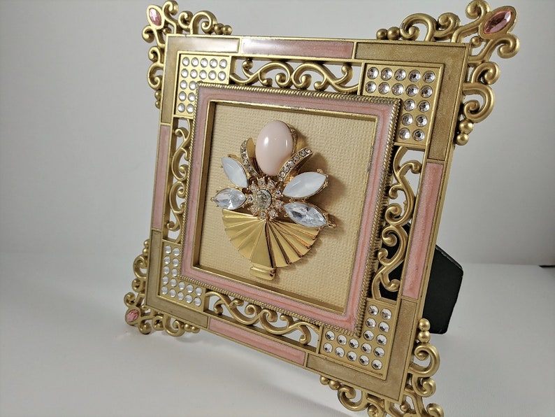 love friendship teacher anniversary gift OOAK rhinestone gold Framed Vintage Jewelry Artwork Picture flower angel Pink Art Deco Floral