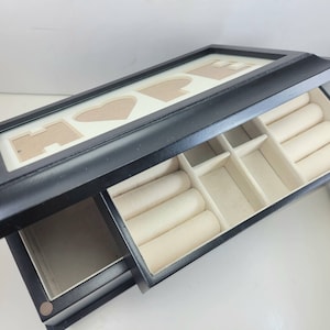 PHOTO &quot;HOPE&quot; JEWELRY Box Black 10&quot;W x 6&quot;D x 4&quot;H Vintage c1990&#39;s glass top lift out tray cream velvet rings men&#39;s organizer catchall gift
