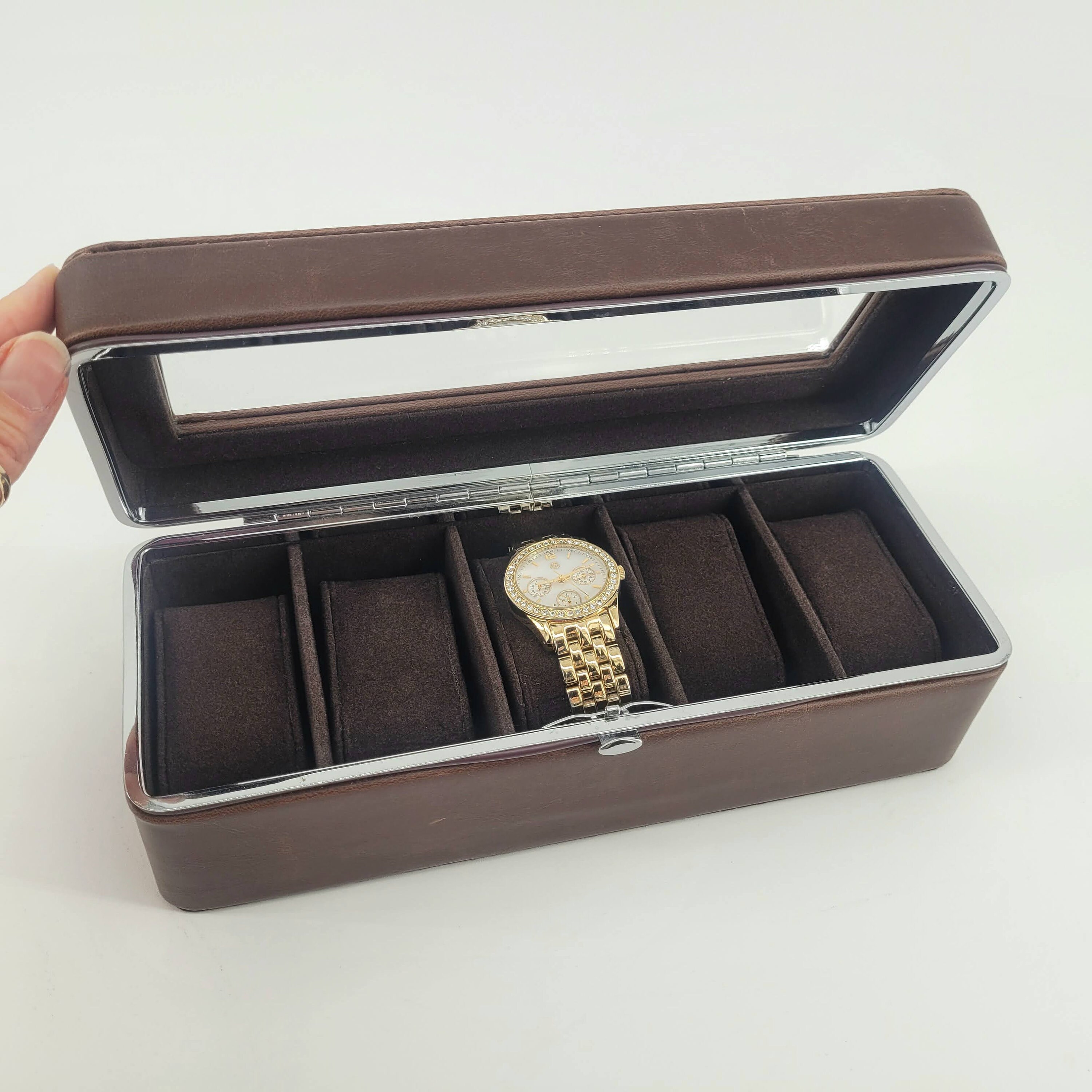 Watch Box Large 12 Mens Chocolate Hinge Leather Display Glass Jewelry –  Crosslinks