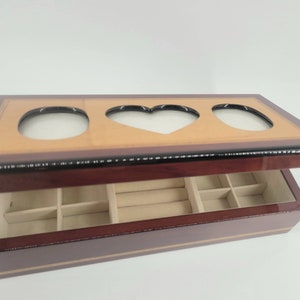 3 PHOTO JEWELRY BOX Heart 13.5&quot;w x 6.5&quot;d x 3.5&quot;h Vintage c1990&#39;s Taiwan Tray Cream Velvet Rings Men&#39;s Valet Dresser Organizer Catchall Gift
