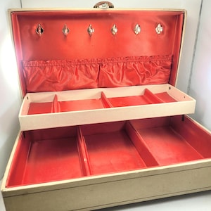 MIDCENTURY LADY BUXTON Style Upcycled 2 Tier Jewelry Box Vintage c1950's Large 14"W x 8.5"D x 4"H  red satin hooks anniversary gift
