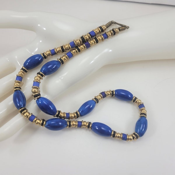 GREECE ROYAL BLUE Beaded Necklace 21" Hook Clasp Ceramic Gold Tone "Strands of the Aegean Sea" Vintage Birthday Anniversary gift