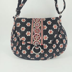 VERA BRADLEY CROSSBODY Saddle Up Purse Big 13"w x 10"h x 4"d "Pirouette" Retired Pattern Black Adjustable Strap 6 Pockets Travel Gift