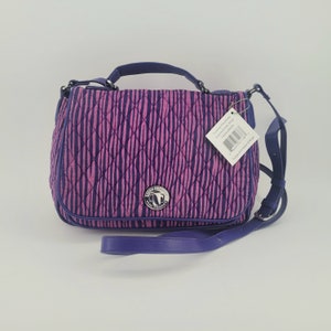 NWT VERA BRADLEY Crossbody Purse 13&quot;w x 9&quot;h x 4&quot;d &quot;Impressionista Stripe&quot; Pattern Purple Pink Handle + Crossbody Strap 5 Pockets Gift