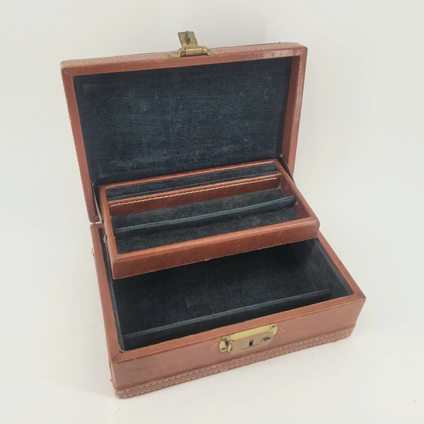 VINTAGE MELE Style JEWELRY Box 9"w x 6.5"d x 4"h Mid-Century c1950's Faux Leather 2 Tier Velvet Men's Valet Catchall Dresser Organizer Gift