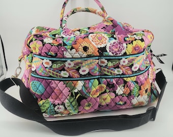 VERA BRADLEY DUFFEL Luggage Bag  17"w x 12"h X 8.5"d "Va Va Bloom" Pattern Purple Molded Handles + Crossbody Strap Craft Travel Diaper Gift