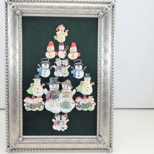 13 SNOWMAN CHRISTMAS TREE Framed Vintage Jewelry Artwork Picture Collage 5"x7" earrings pins charms collector teacher co-worker gift