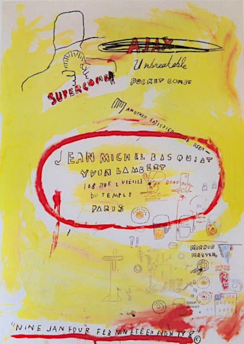 K&ouml;nnte beinhalten: Abstrakte Kunst mit gelbem und wei&szlig;em Hintergrund, mit rotem und schwarzem Text und Strichzeichnungen. Der Text enth&auml;lt "SUPERCOME", "Unbreakable POCKET COMB" und "JEAN MICHEL BASQUIAT". Das Kunstwerk hat einen rohen, ausdrucksstarken Stil.