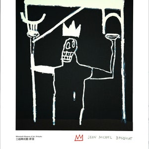 May include: Black and white artwork featuring a figure with a crown, holding objects aloft. The artwork is in a minimalist style with bold lines and a black background. The text "JEAN MICHEL BASQUIAT" is visible.