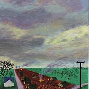 Op de afbeelding: Olieverfschilderij van een landelijke scène met een weg die zich splitst in twee paden onder een bewolkte hemel. Een wegwijzer geeft de richtingen naar Warter en Huggate aan. Het schilderij is gesigneerd door David Hockney en bevindt zich in Salts Mill, Saltaire, Yorkshire.