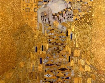 May include: A portrait of a woman in a gold dress with intricate patterns and embellishments. The artwork features a gold background with geometric shapes and swirling designs. The woman wears a black hat and a jeweled choker.