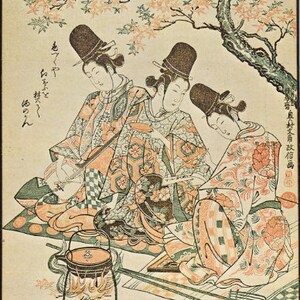 HARUNOBU - &#39;The maple-viewing party&#39; - vintage print on plaque - c1950s (Oriental Japanese art)