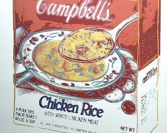 May include: Pop art print of a Campbell's Chicken Rice soup box. The box is red with the Campbell's logo in white. A spoon scoops soup from a bowl. The text "Chicken Rice" is visible.