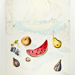 SALVADOR DALI - &#39;Ship and fruits&#39; - large hand numbered vintage lithograph - c1986 (limited edition. SPADEM, Paris)