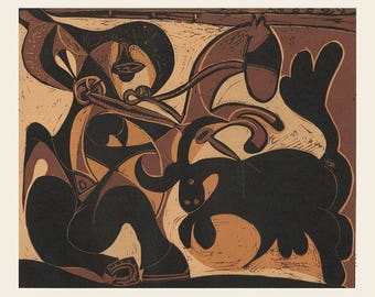 May include: Abstract art print featuring a figure with a horse and a bull, rendered in shades of brown, black, and tan. The artwork has a cubist style with geometric shapes and lines, creating a dynamic composition.