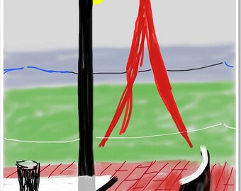 May include: A digital art print by David Hockney titled Drawn on iPad Louisiana. The image features a red patio, a black vertical post, a red abstract shape, a glass, and a chair against a green and gray landscape. Text reads DAVID HOCKNEY.