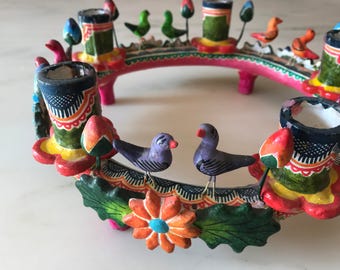 Large 10" Vintage Mexican Folk Art Clay Pottery Tree of Life Advent Candle Ring