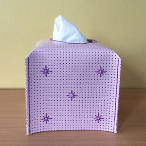 Square tissue box cover in pale pink perforated lacquered vinyl