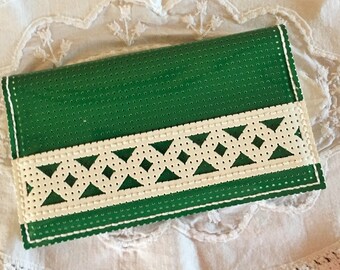 Green and white perforated lacquered vinyl checkbook holder