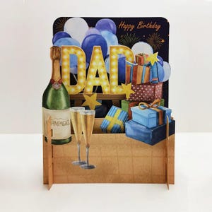 Dad Birthday Card, 3D Pop up Card, Handmade, Happy Birthday, Champagne, Glasses, Presents, Balloons, Laser Cut, Message in a Bottle