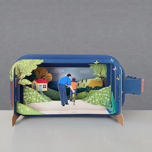 Birthday Card, Cycling, Dad and Son,3D pop-up card,Handmade,Seaside, Cycling lesson, Dad and Boy, Laser-cut,3D message in a bottle,Gift card