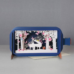 Musical card,3D pop-up card,Handmade,Grand piano,Forest,Trees,Butterflies,Rabbits,Squirrels,Birds,Laser-cut,3D message in a bottle,Gift card