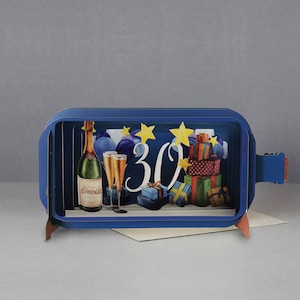 30th birthday,3D Pop-up card,Handmade,Champagne,Presents,Party,Balloons,Laser-cut,3D message in a bottle,Gift card,Birthday