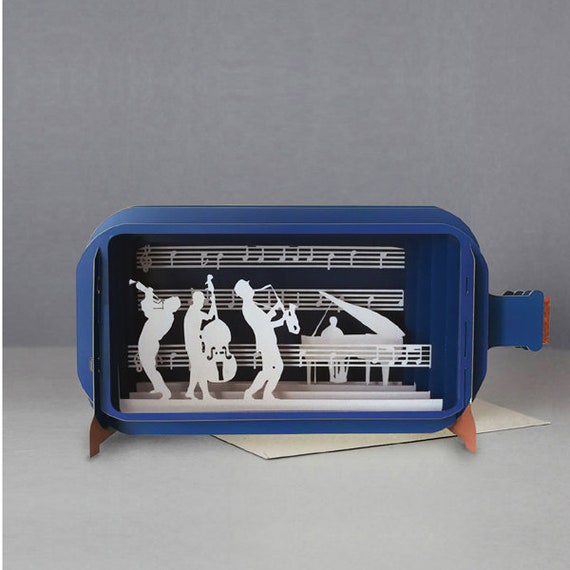 Musical,3D Pop-up card,Handmade,Orchestra,Piano,Saxophone,Cello,Trumpet,Musicians,Laser-cut,3D message in a bottle,Gift card,Birthday
