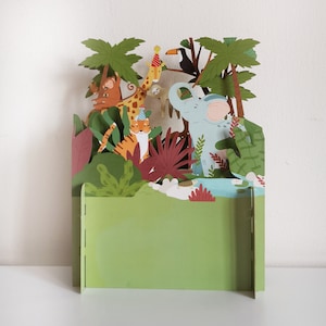 Jungle Card, Handmade, Animals, Trees, Giraffe, Monkey, Elephant, Tiger, Party, 3D Pop up card.