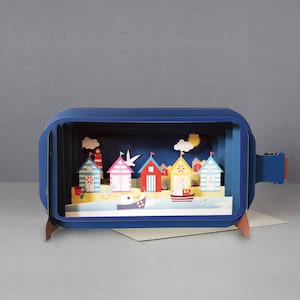 Beach huts,3D Pop-up card,Handmade,Seaside,Colourful,Sailing boats,Sunny,Seagulls,Laser-cut,3D message in a bottle,Gift card,Birthday