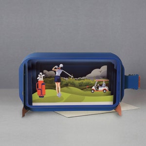 Lady golfer,3D Pop-up card,Handmade,Golf course,Cart,Golf clubs,Trees,Green,Laser-cut,3D message in a bottle,Gift card,Birthday