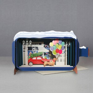 Christmas,3D pop-up card, Handmade,Christmas Tree,Snow,Car,Balloons,Street,Lights,Dog,Shop,Laser cut,3D message in bottle, Gift card,Xmas