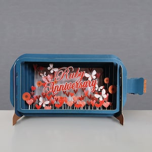May include: A blue papercraft bottle with a cork stopper. The bottle is open and has a window that shows a 3D scene of red hearts, white butterflies, and the words "Ruby Anniversary".