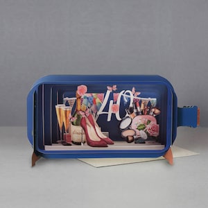 40th birthday,3D Pop-up card,Handmade,Champagne,Girly,Shoes,Make up,Bunting,Flowers,Laser-cut,3D message in a bottle,Gift card,Birthday