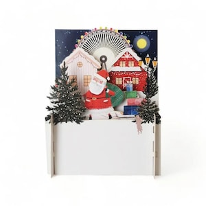 Christmas,3D pop-up card,Handmade,Santa Claus,Big Wheel, Snow,Starry Night, Presents, Christmas Tree, Lights Laser cut, 3D message in bottle