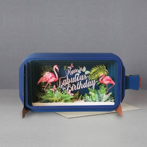 Birthday Card, Pink Flamingos,3D pop-up card, Handmade,Butterflies,Fabulous birthday,Plants,Laser-cut,3D message in a bottle,Gift card